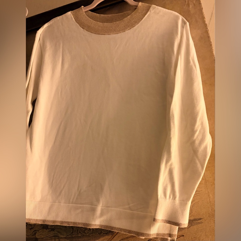 * Like New Lands’ End Ivory & Tan Fine Gauge Cotton Classic Sweater SZ Small *
